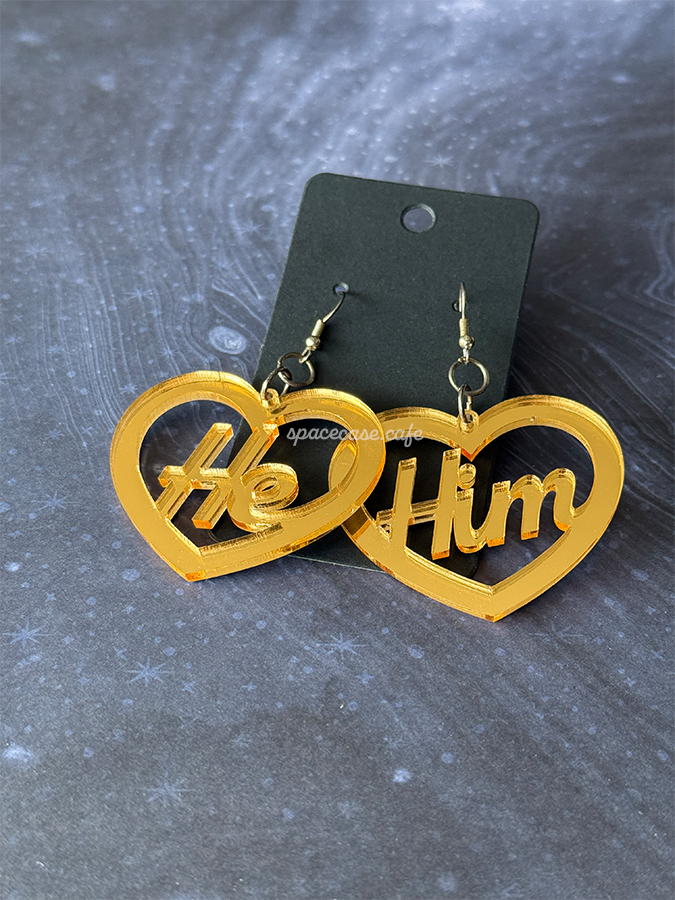 He/Him: Queer Pronoun Acrylic Statement Earrings