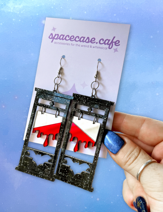 Bloody Bat Guillotine: Halloween Acrylic Statement Earrings