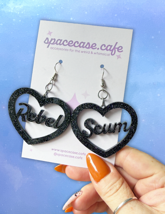 Rebel Scum Acrylic Heart Earrings