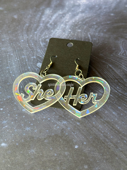 Pronouns: She/Her Acrylic Earrings